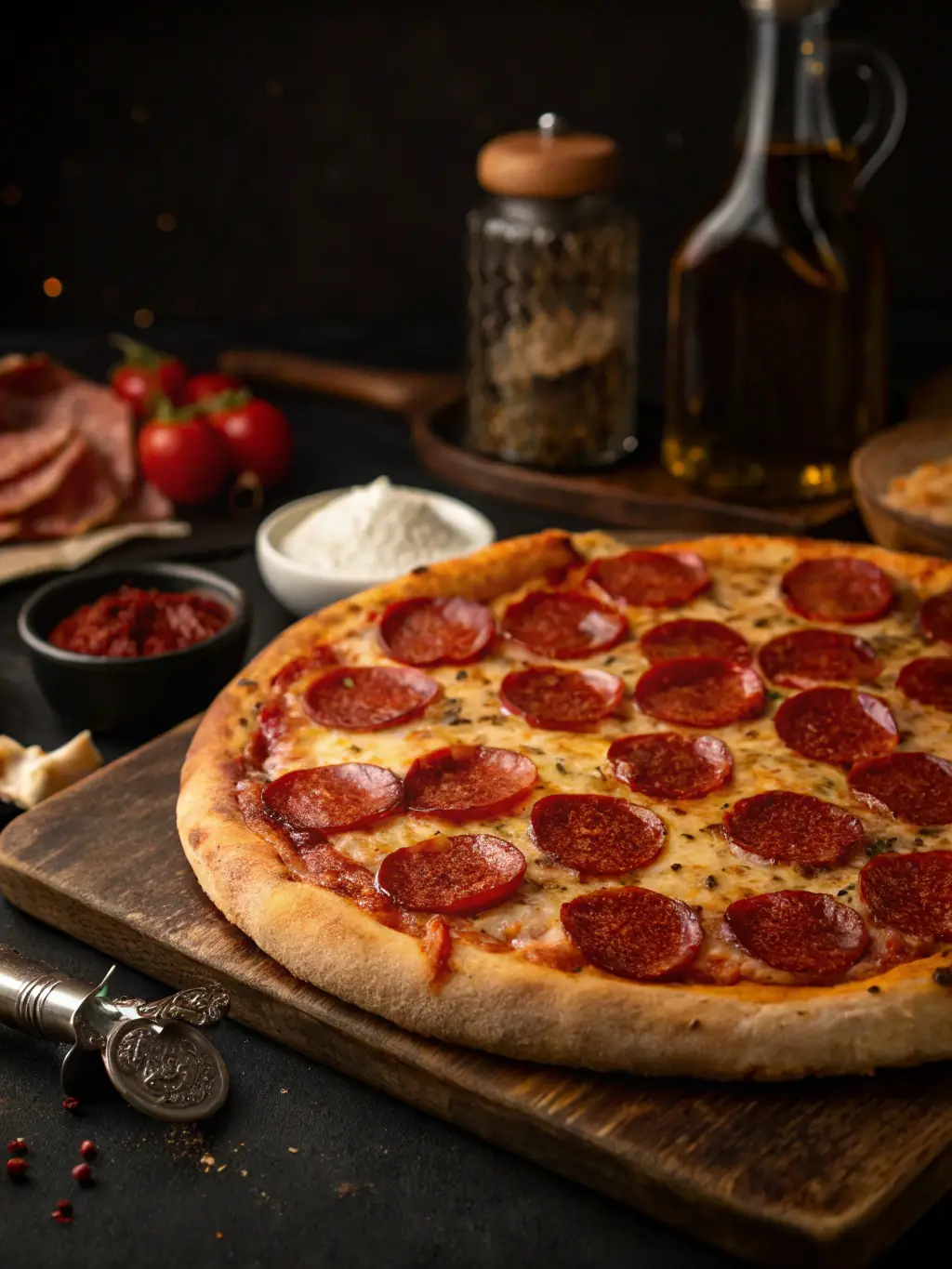 A vibrant image of a Pepperoni pizza with perfectly browned pepperoni slices, melted cheese, and a crispy crust, ready to be served at Crust Pizza.