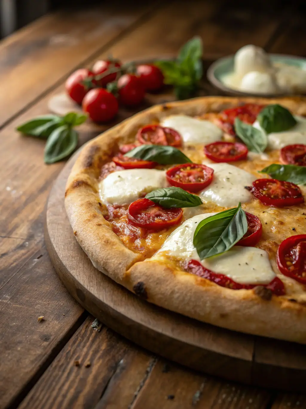 A close-up, mouthwatering image of a Margherita pizza with fresh basil leaves, ripe tomatoes, and melted mozzarella cheese, served at Crust Pizza.