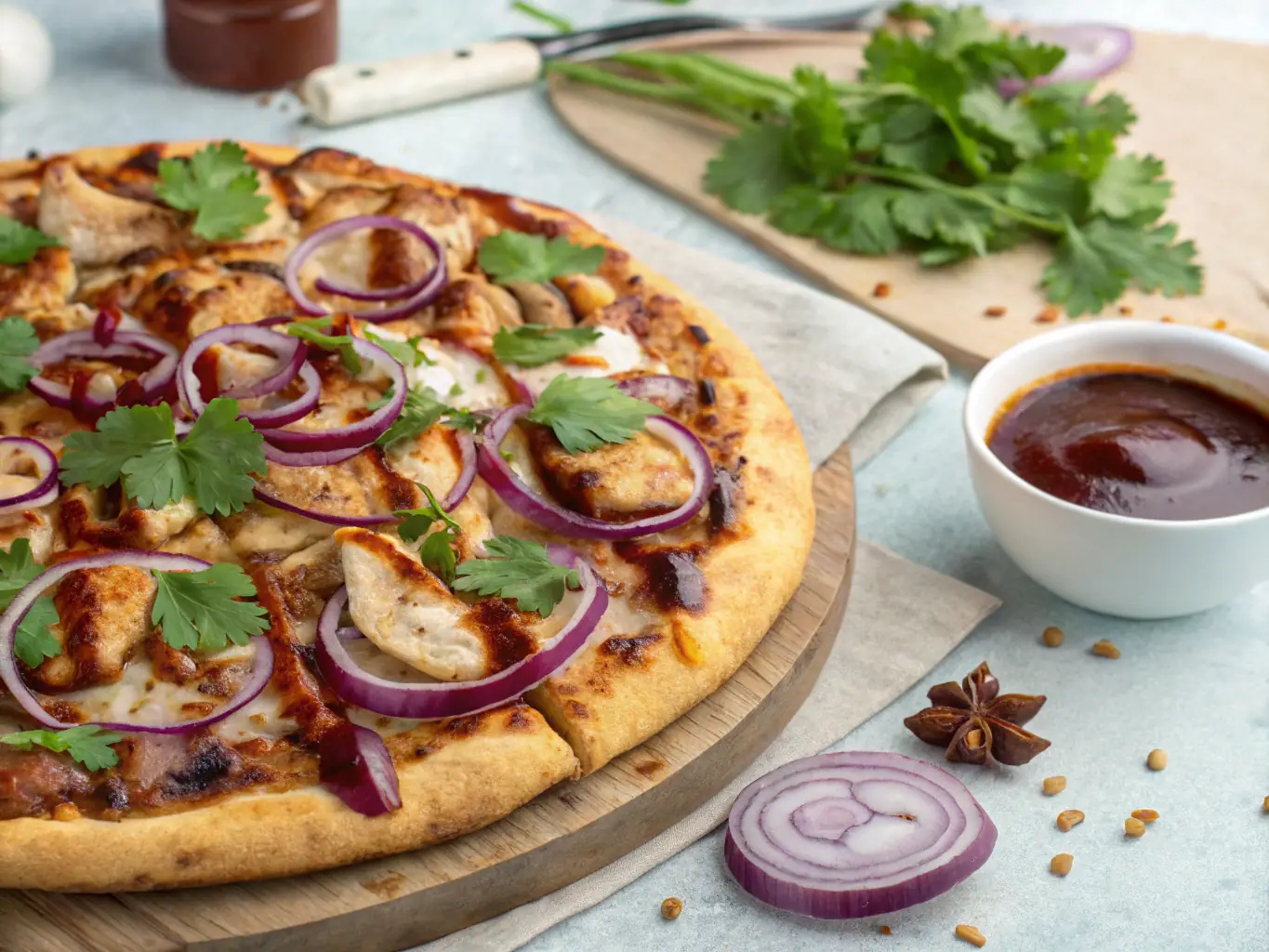 A vibrant image of a BBQ Chicken pizza with grilled chicken, red onions, and a tangy BBQ sauce drizzle. The pizza is cut into slices, ready to be served.