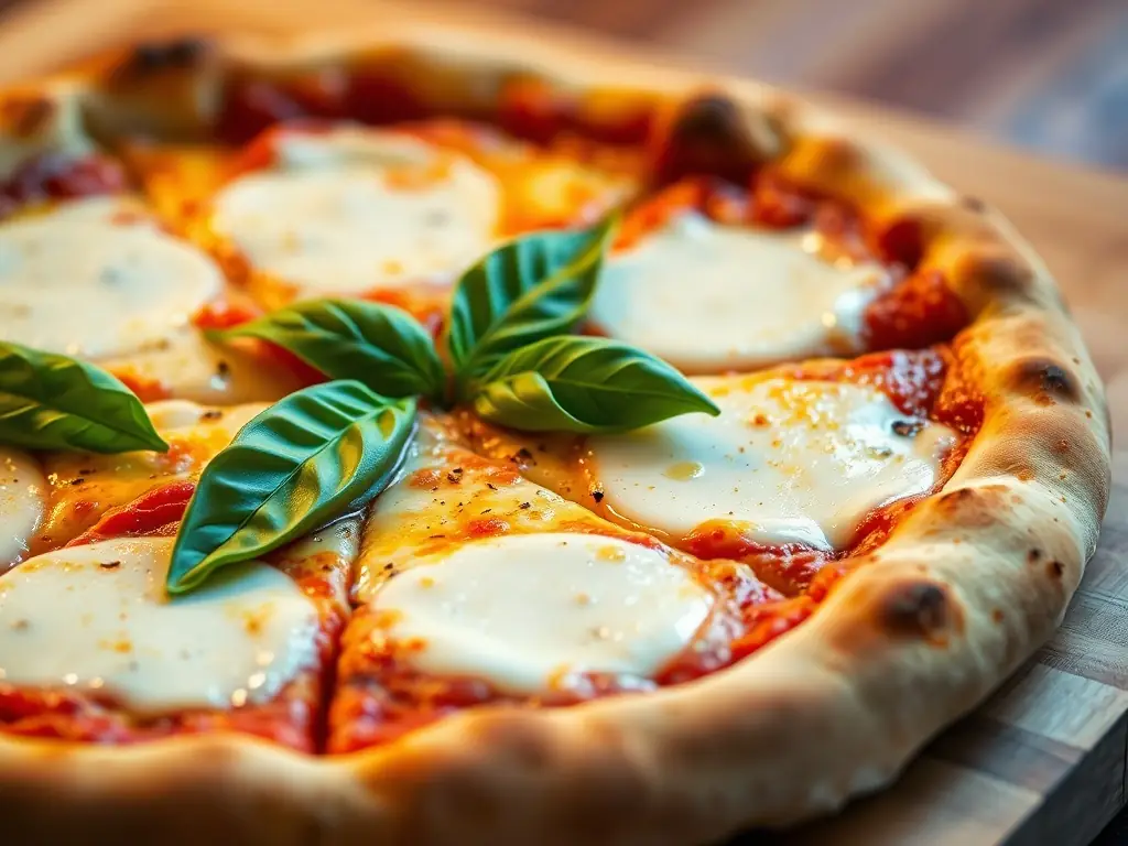 A close-up shot of a Margherita pizza with fresh basil leaves and melted mozzarella, showcasing its simplicity and classic appeal. The pizza is served on a rustic wooden board.