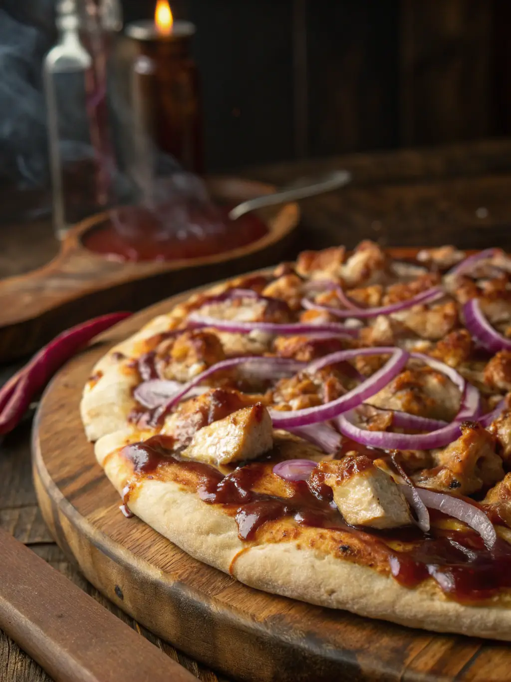 A visually appealing image of a BBQ Chicken pizza with grilled chicken, tangy BBQ sauce, red onions, and cilantro, served at Crust Pizza.