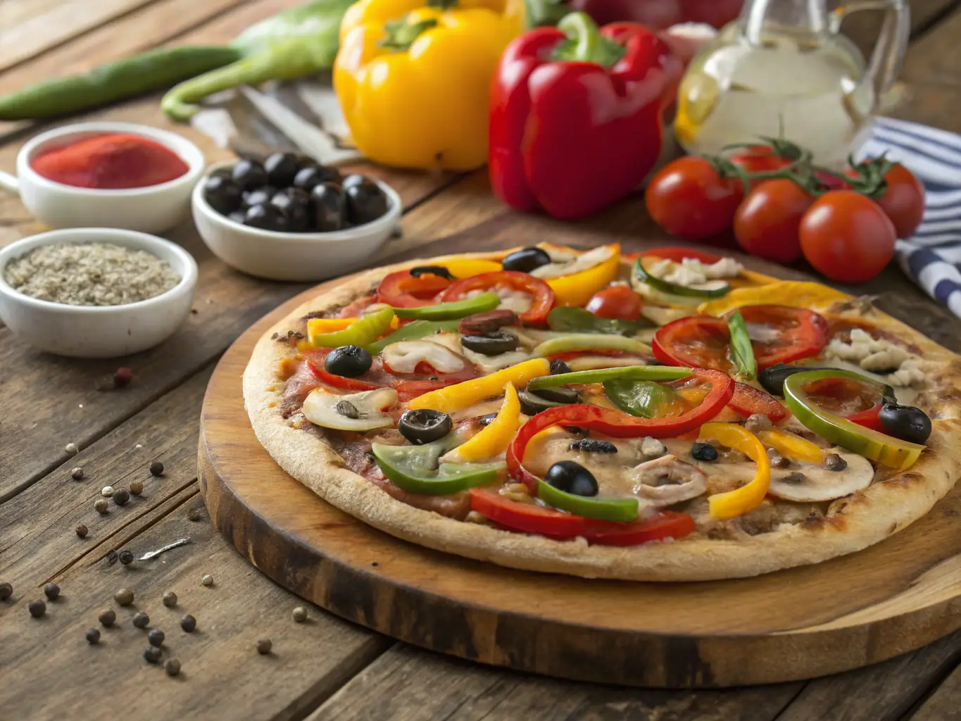 A visually appealing image of a vegetarian pizza loaded with colorful vegetables such as bell peppers, mushrooms, and olives. The pizza is placed on a checkered tablecloth.