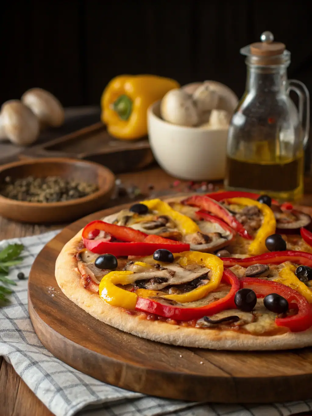 A tempting image of a Vegetarian pizza with colorful vegetables like bell peppers, mushrooms, olives, and onions, served at Crust Pizza.